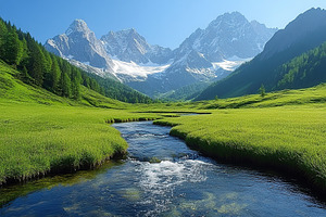 Beautiful landscape with water stream on mountains background, a Nature Photo by AlyaAnd