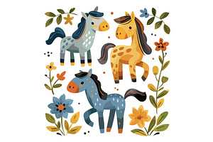 Horses With Flowers In Flat Doodle