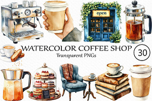 Watercolor Coffee Shop Clipart, an Illustration by Craft Nest