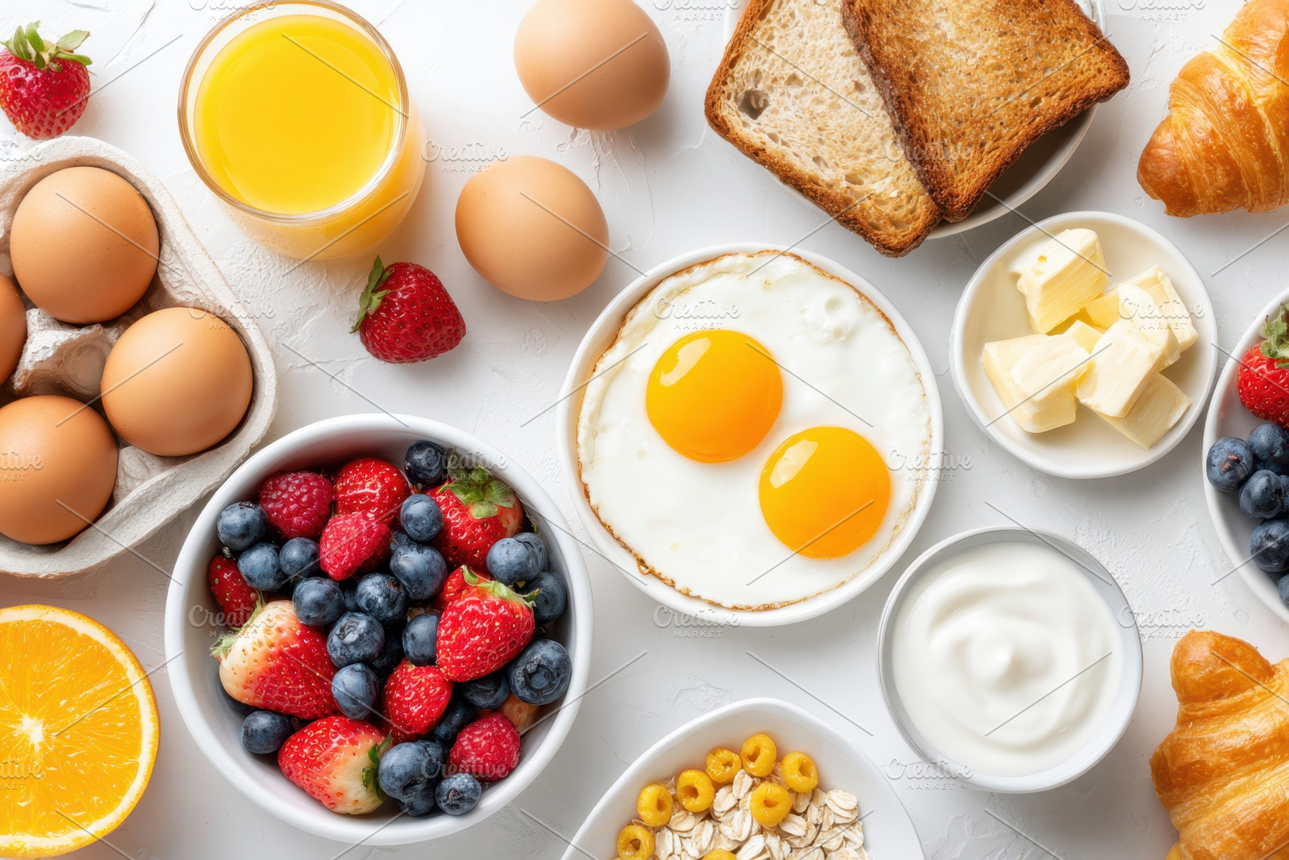 Healthy breakfast flatlay with fruits and grains, a Food & Drink Photo by AlyaAnd