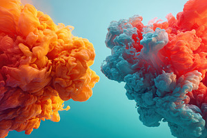 Orange and teal ink plumes colliding, an Abstract Photo by AlyaAnd