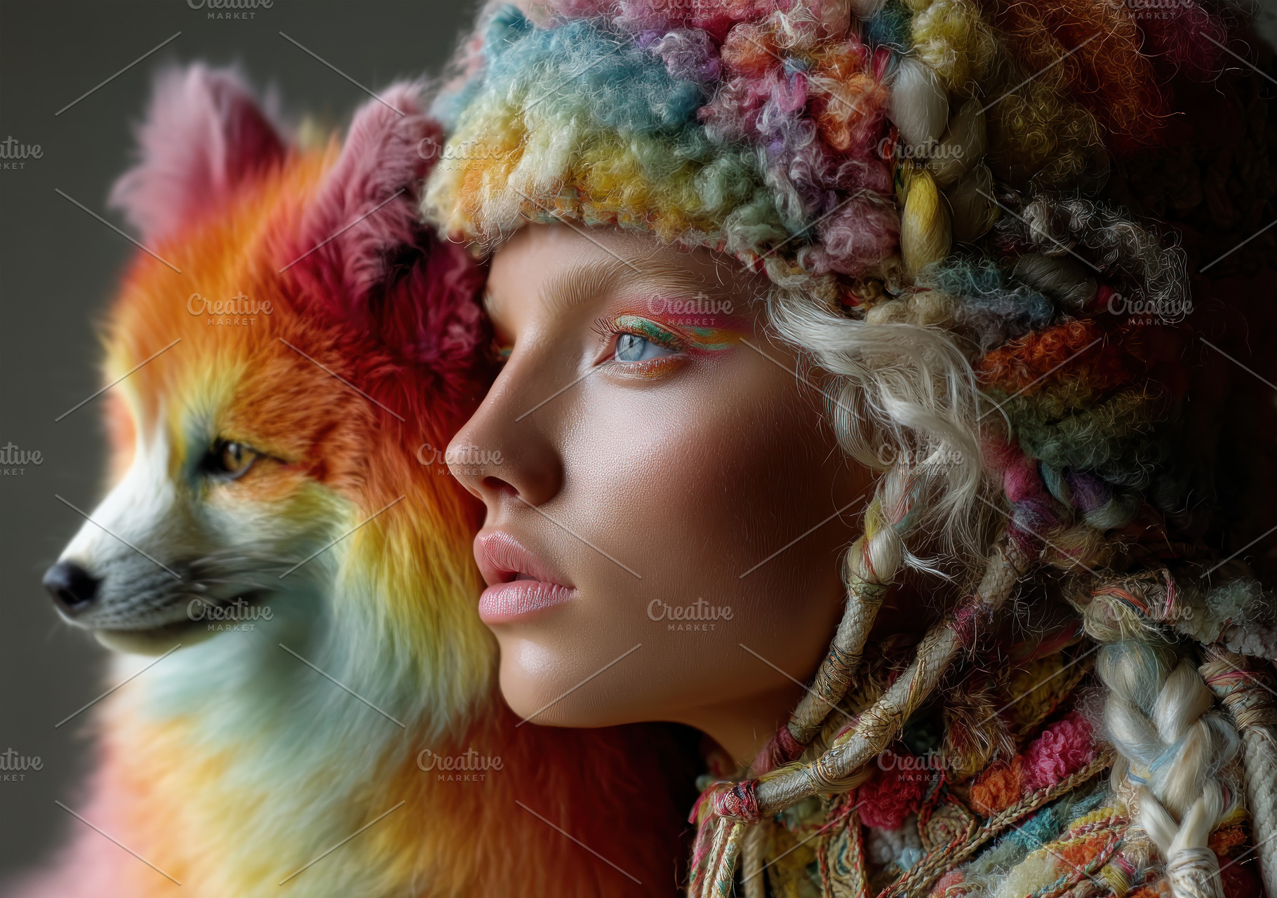 Fantasy portrait of woman with braided hair in colorful wool hat, a Person Photo by José Manuel Gelpi