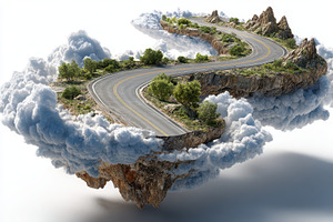 Winding road above clouds scenic lan, a Photo by Pixeness Studio