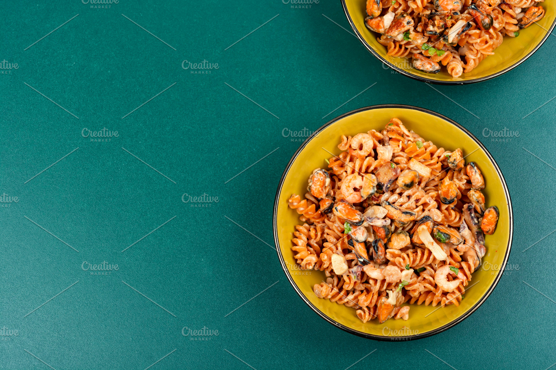 Cooked mussels and pasta, macaroni., a Food & Drink Photo by MLunov MLunov