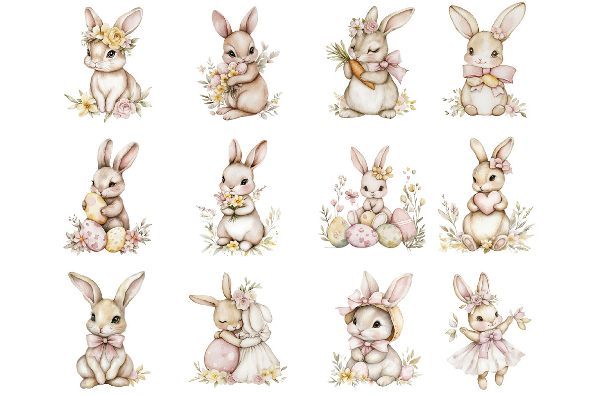 Watercolor Easter Bunnies Clipart, an Illustration by Designking (Photo 3 of 5)