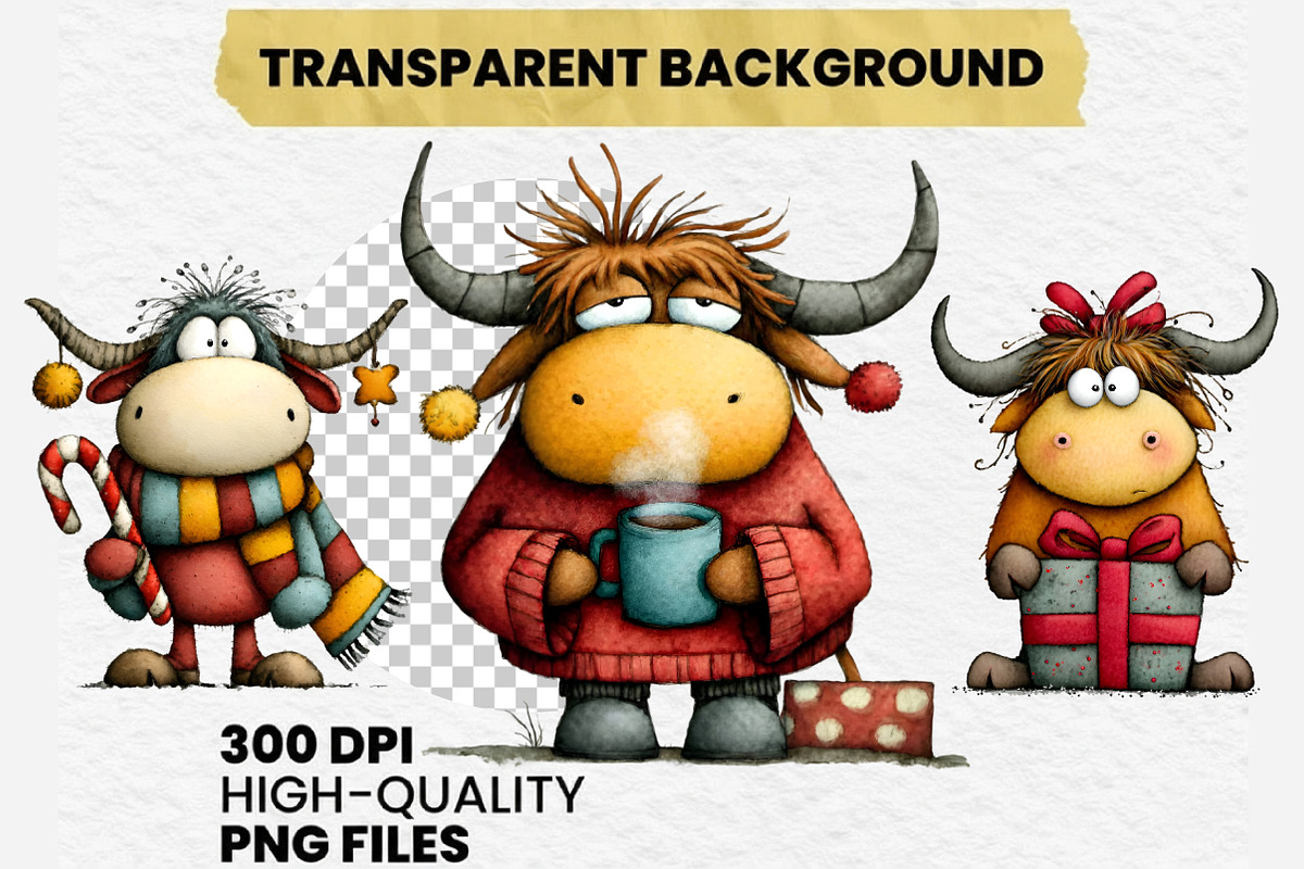 Funny Christmas Highland Cow Clipart, an Illustration by Dream Creation (Photo 7 of 7)