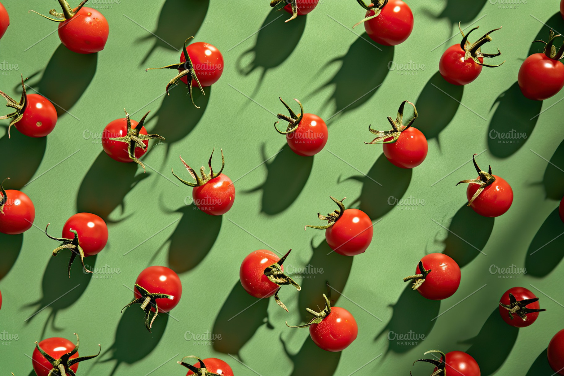 Pattern of ripe red cherry tomatoes on green background, a Food & Drink Photo by AlyaAnd