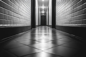 Long hallway with tiled floor and ov, a Photo by Tanuart