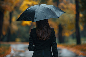 Businesswoman with black umbrella walking in the rain, a Business Photo by AlyaAnd