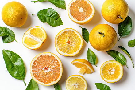 Fresh and tasty grapefruits with green leaves on white background, a Food & Drink Photo by AlyaAnd