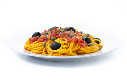 Italian Pasta puttanesca with tomato sauce, capers, and black olives., a Food & Drink Photo by etorres69