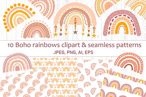 Boho Rainbow Clipart & Patterns