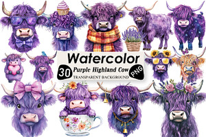 Purple Highland Cow Clipart, an Illustration by Black Bird Studio