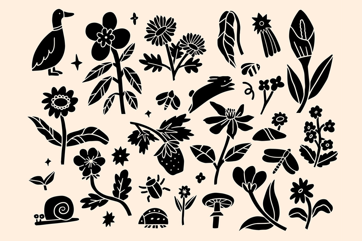 Linocut Meadow Clipart Bundle, an Illustration by ClayStudio (Photo 2 of 8)
