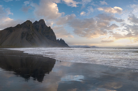 Sunrise Stokksnes cape sea beach and Vestrahorn Mountain with it, a Nature Photo by YuriyB