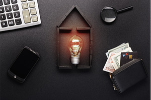 Flat lay domino house with glowing, a Business Photo by Stockphoto by vzwer