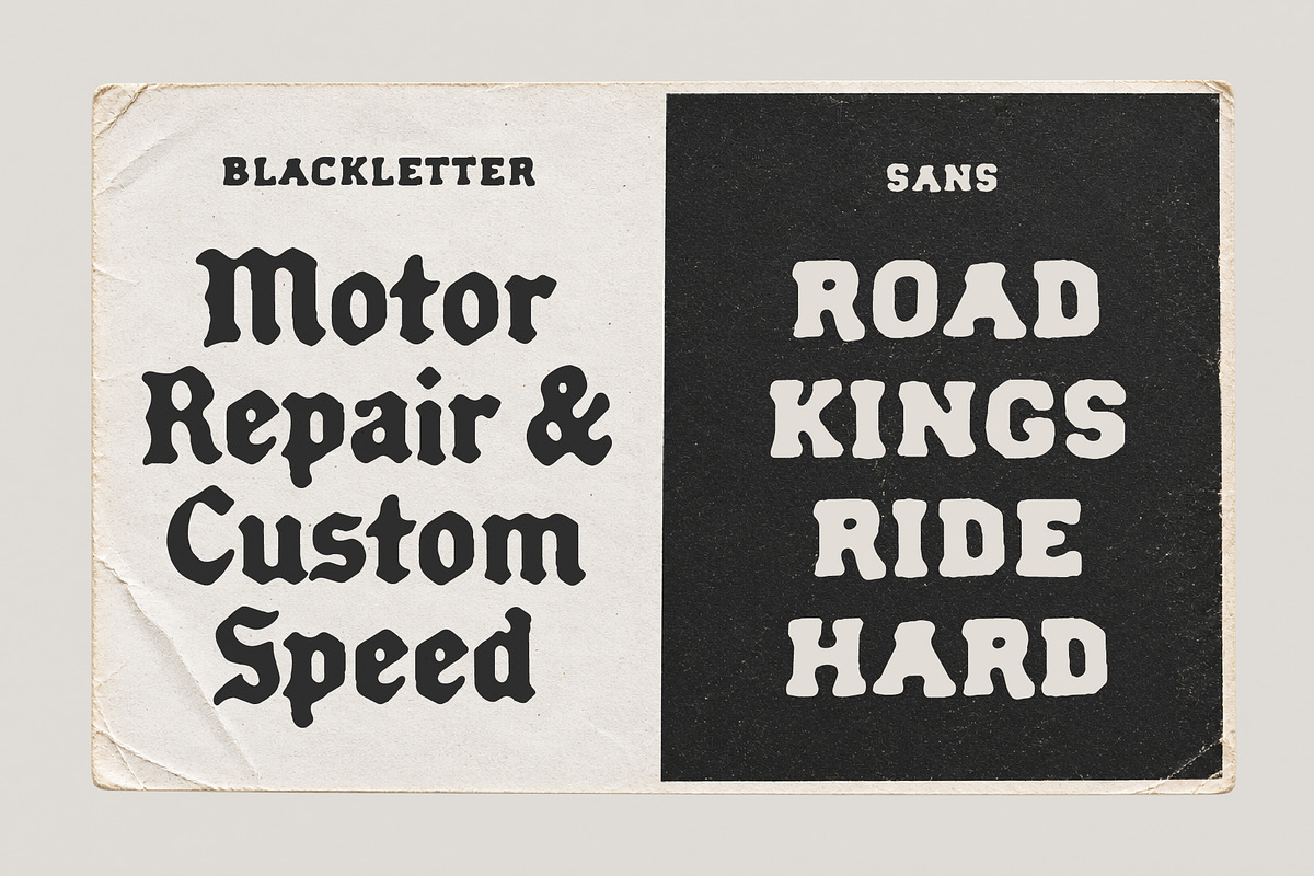 Forge Garage - Motorcycle Font Duo, a Blackletter Font by Edignwn Type (Photo 2 of 12)
