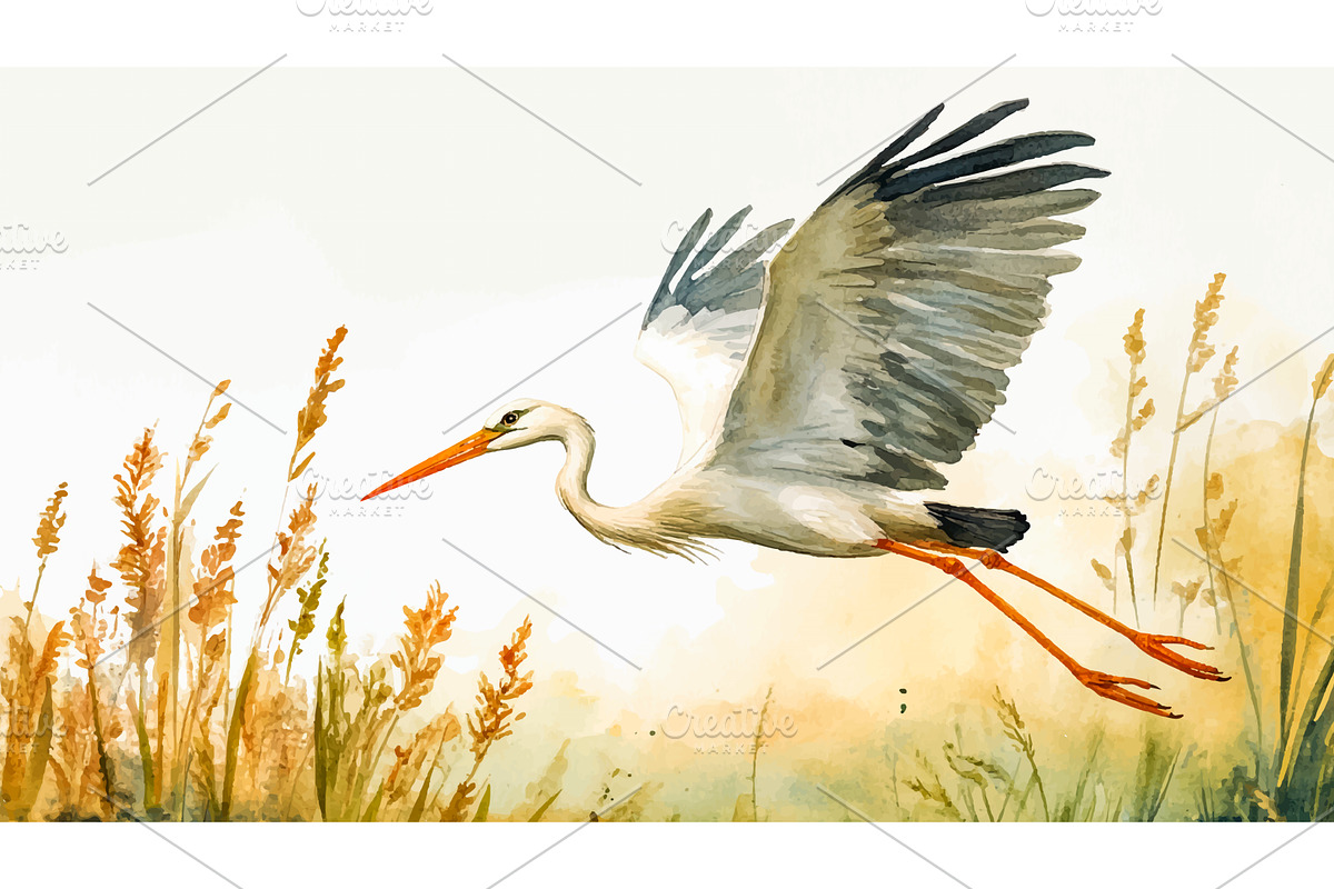 Stork Flying Low Over Reeds, an Animal Illustration by LadadikArt