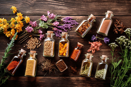 Herbs and natural medicine in glass jars. Generative AI, a Health & Medical Photo by AlyaAnd