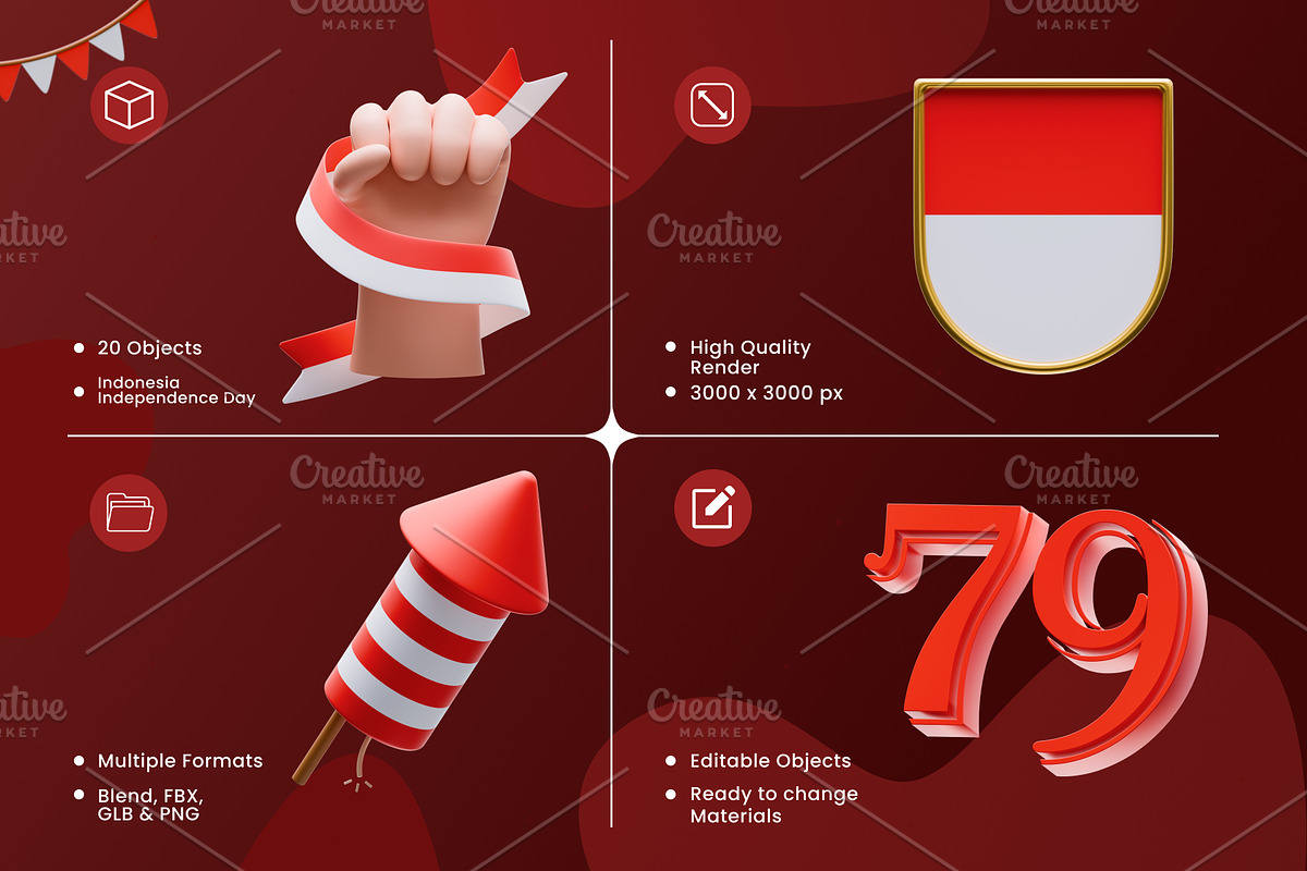 Indonesia Independence Day 3D Icons, an Object 3D Model by Azam Creative (Photo 2 of 5)