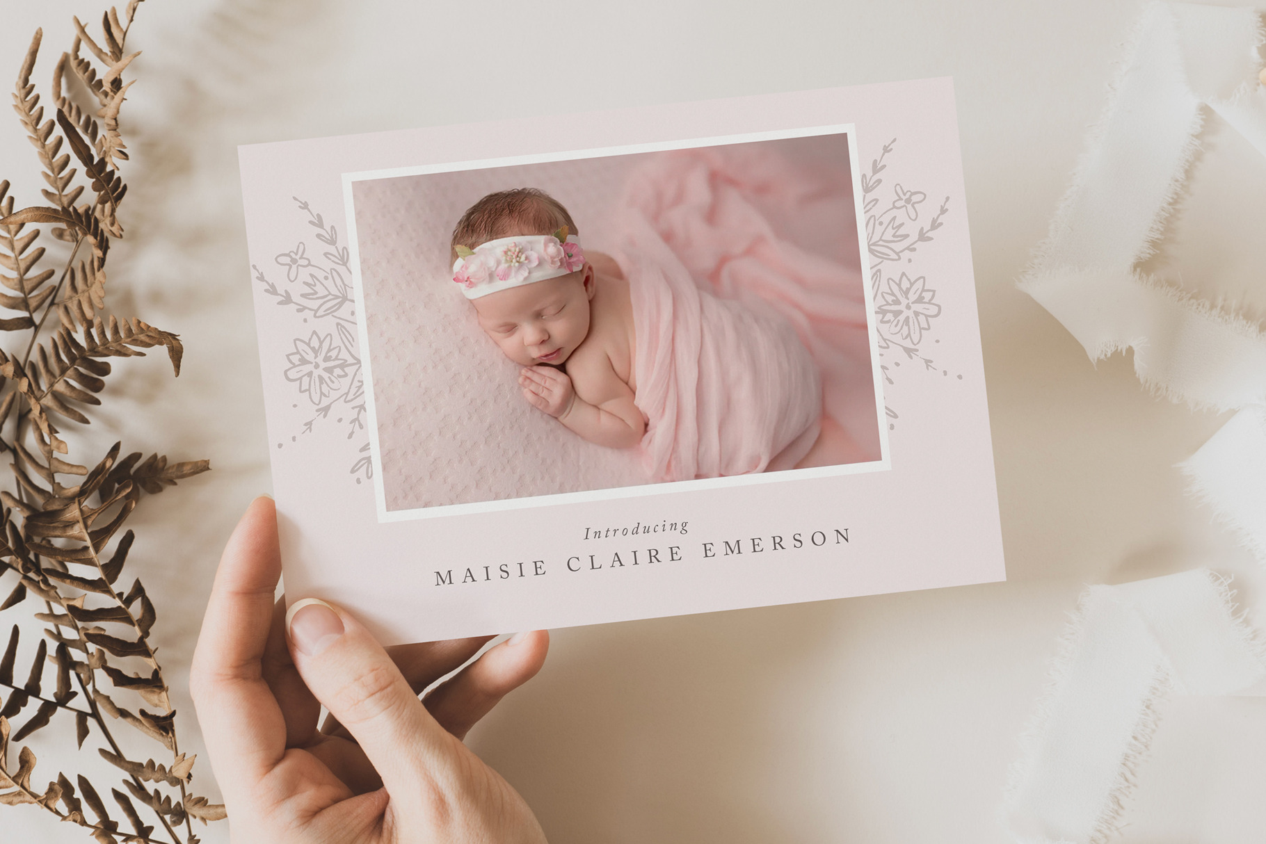 Floral Baby Girl Birth Announcement, a Card Template by By Stephanie Design