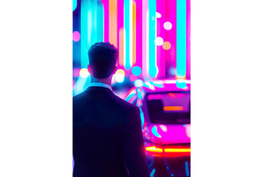 Man in suit admiring car in vibrant, a Person Photo by Lermont51