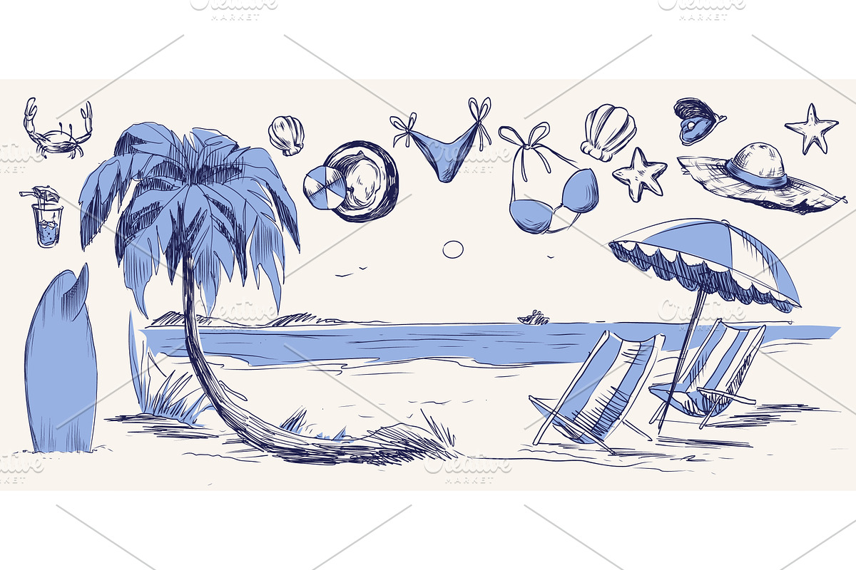 Vintage sketch beach illustration, an Illustration by art PVP - market
