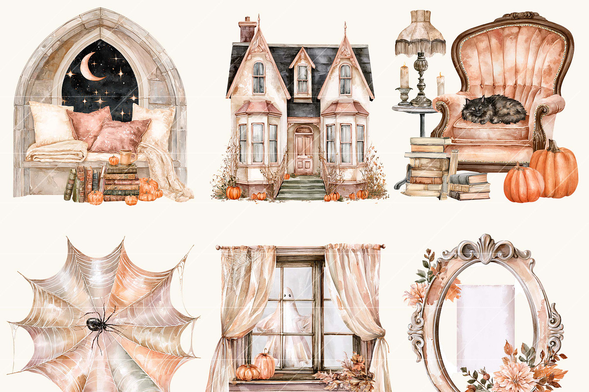 Watercolor Cozy Spooky Autumn, a Seasonal Illustration by BusyDaydesign (Photo 3 of 9)