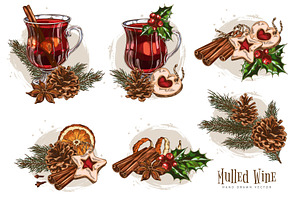 Set of elements with mulled wine, an Object Illustration by Sabelskaya
