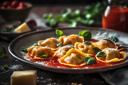 Ravioli stuffed with tomato sauce, basil and Parmesan cheese, pr