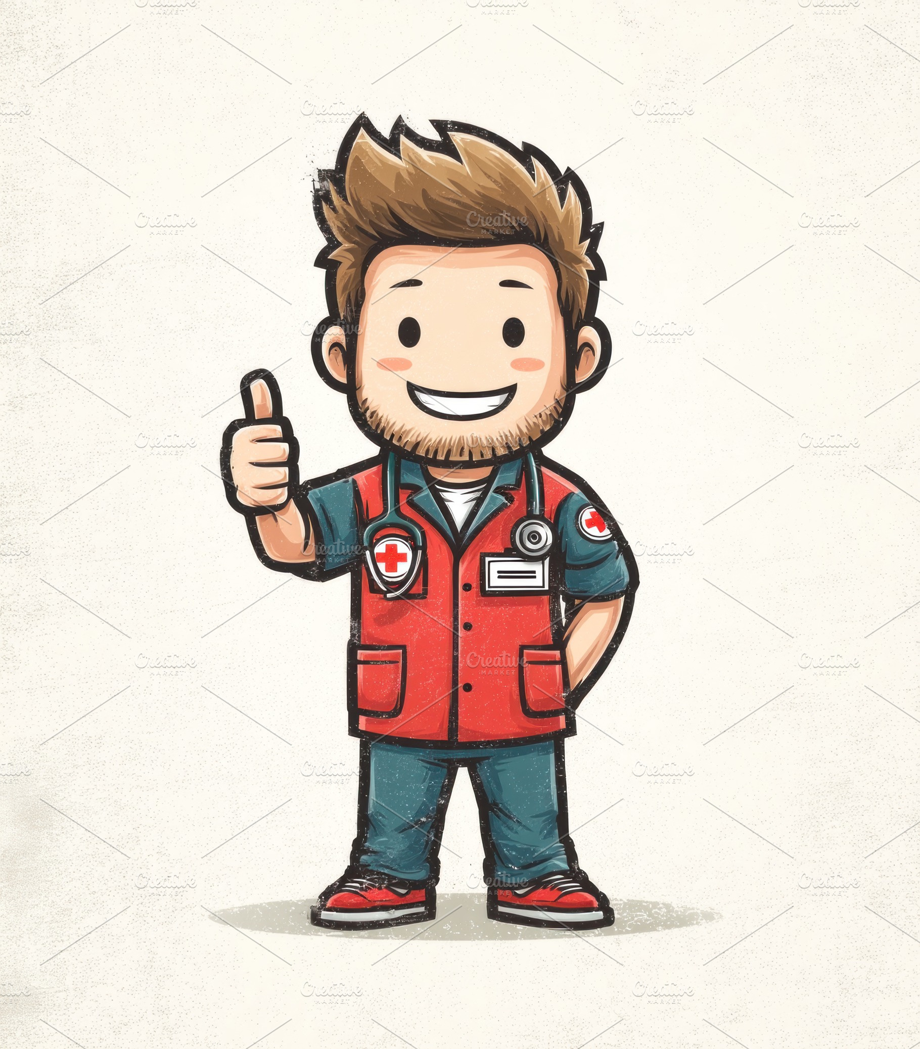 Cartoon paramedic smiling and giving thumbs up, wearing red medi, a Person Photo by José Manuel Gelpi