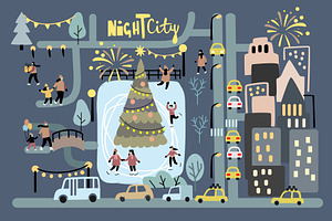 Christmas In Big City. Vector Maps.