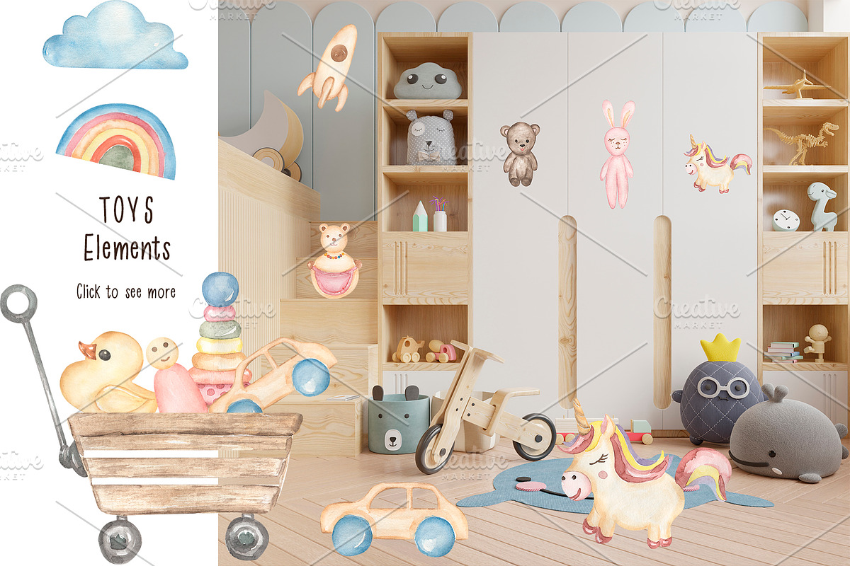 Watercolor Kids Toys & Clothes, an Object Illustration by MayaNavits (Photo 3 of 17)