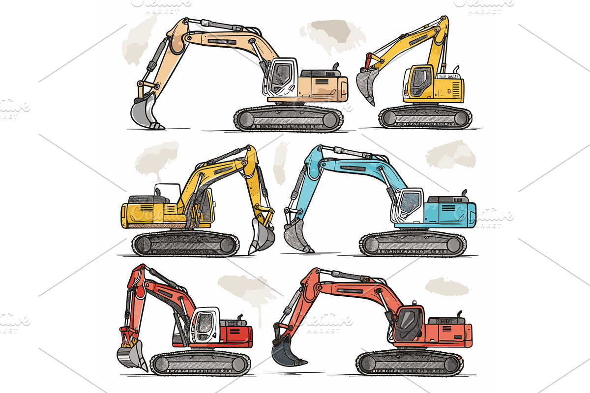 Six different colored excavators, an Illustration by Vectorstockersland