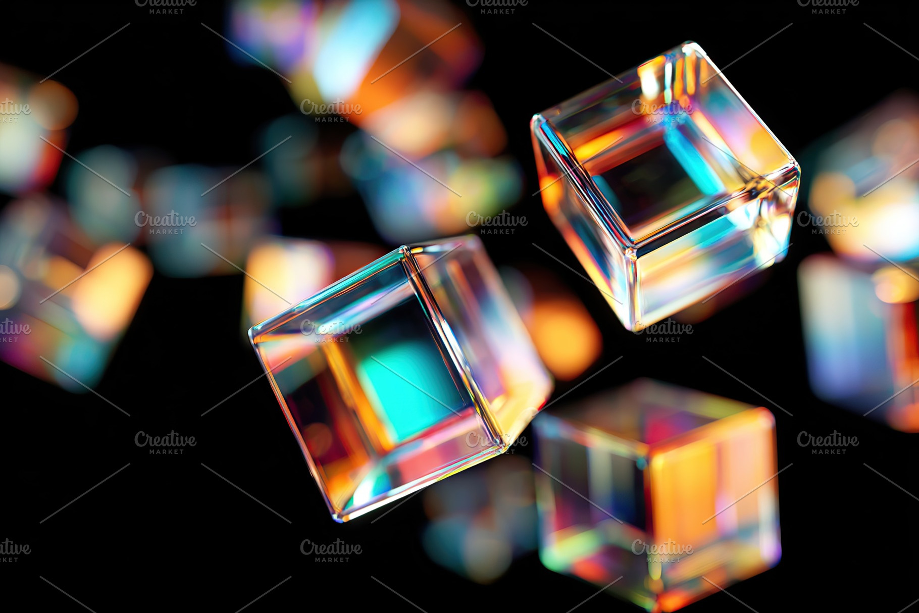 Floating glass cubes create a mesmerizing display of light and color against a, an Arts & Entertainment Photo by AlyaAnd