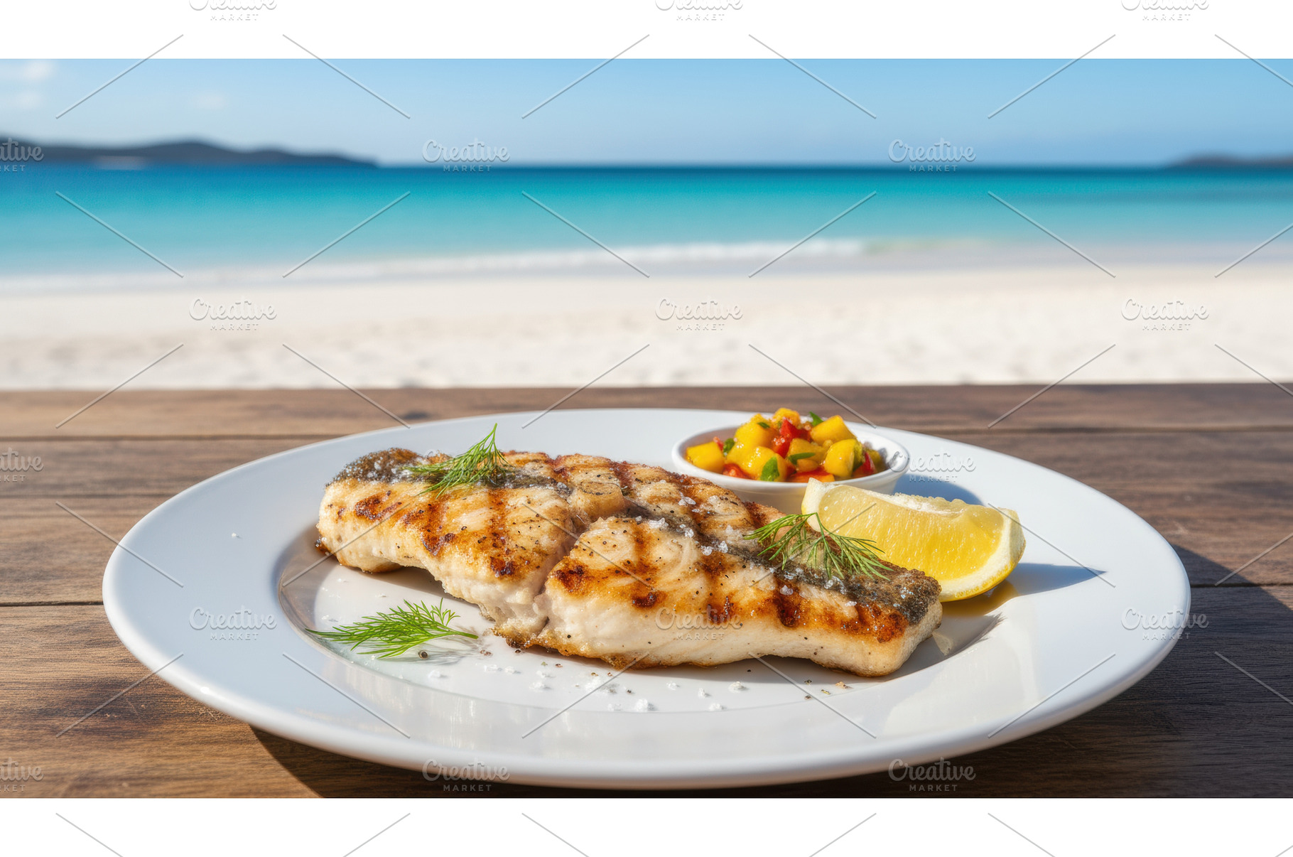 Grilled white fish fillet garnished, a Food & Drink Photo by Igor Tichonow