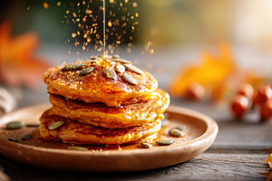 Autumn pancakes with pumpkin seeds and syrup, a Food & Drink Photo by AlyaAnd