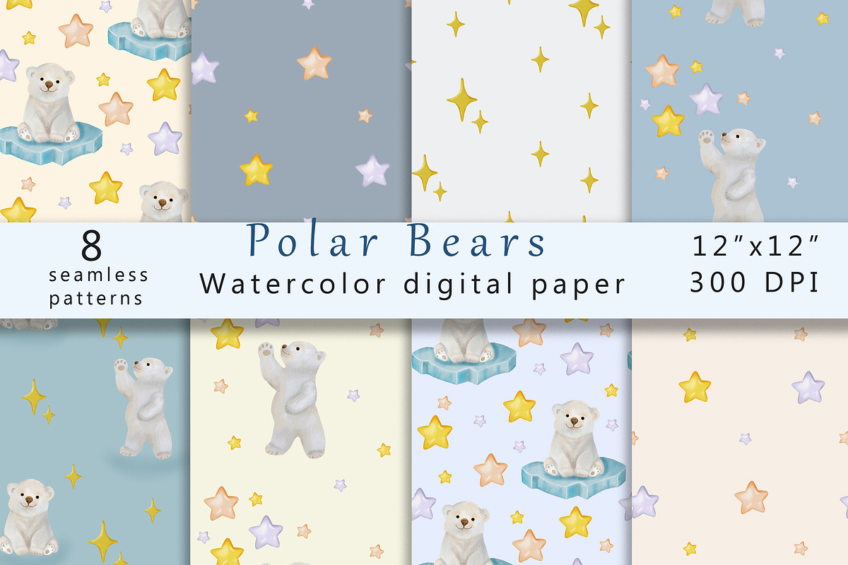 Polar Bear Digital Paper, Watercolor, a Pattern Graphic by TetianaArt (Photo 1 of 7)