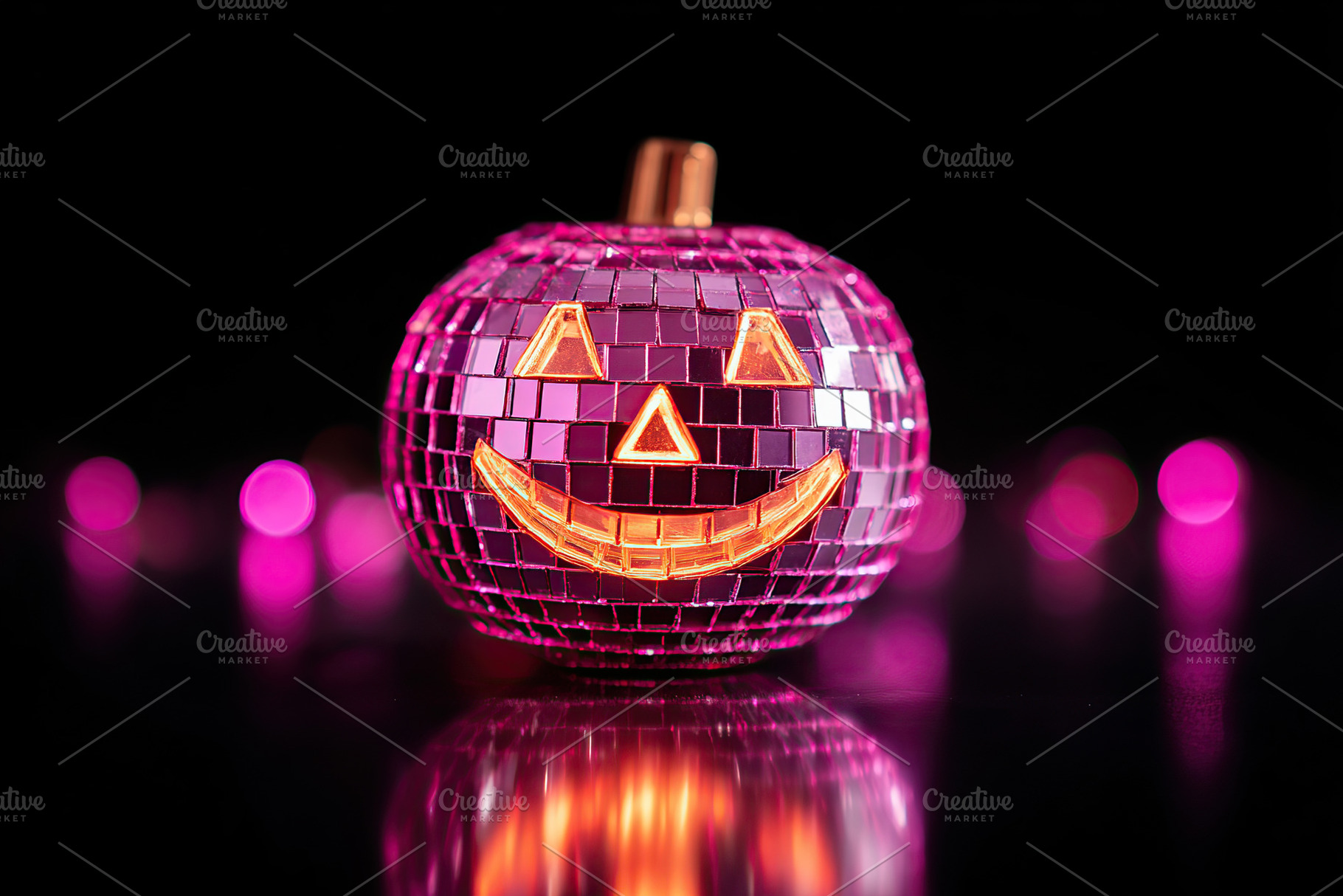 Shiny pink disco pumpkin with a smiling face reflecting on a dark surface with, a Photo by AlyaAnd