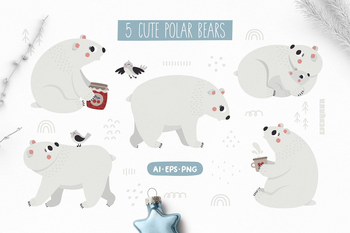 Winter Polar Bear Clipart & Patterns, a Seasonal Illustration by Ejevyaka (Photo 2 of 10)