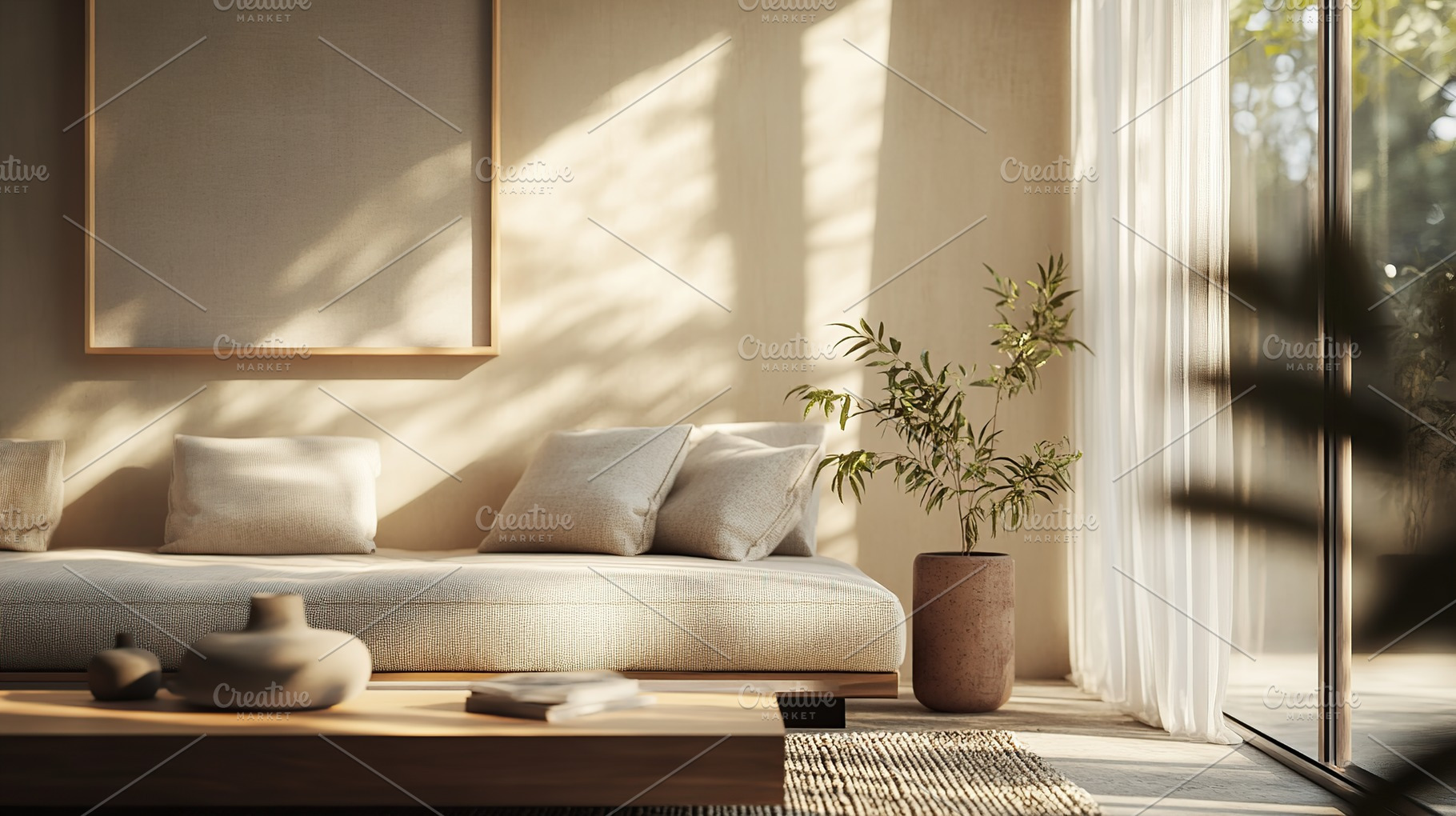 Modern scandinavian interior of living room with couch on brick wall background, a Photo by AlyaAnd