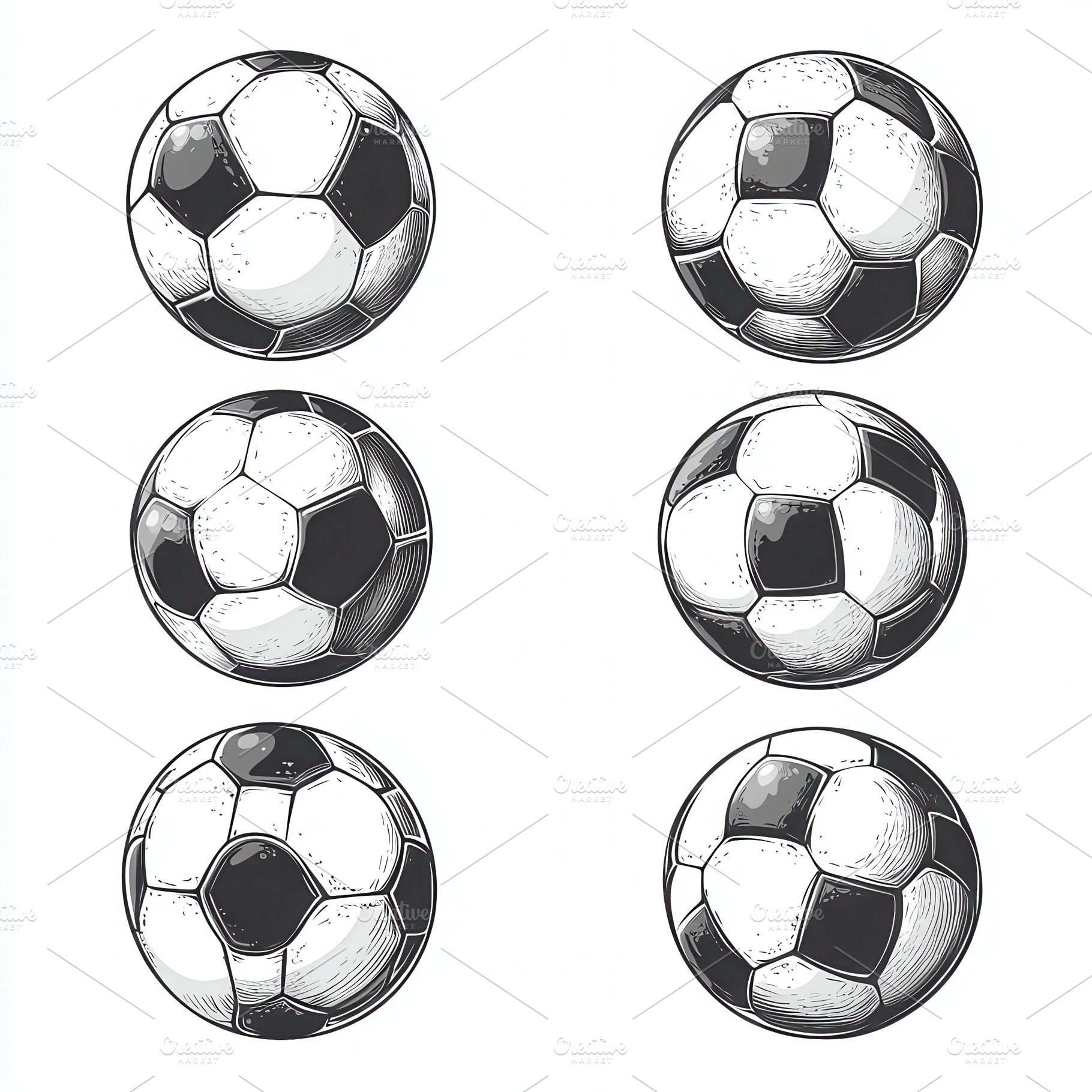 Six hand-drawn soccer balls differen, an Abstract Photo by Pixeness Studio