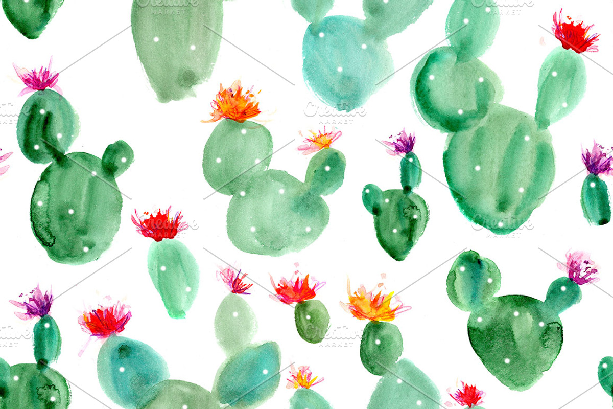 Watercolor cacti seamless pattern, a Pattern Graphic by Katerina Tova