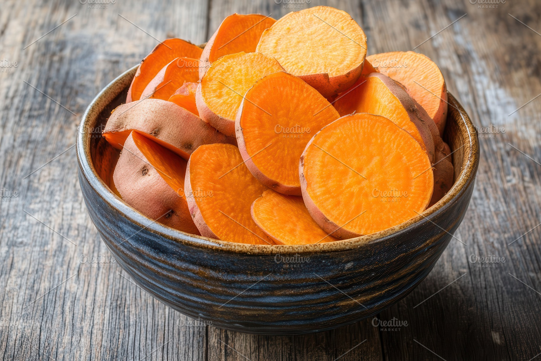Sweet potatoes in rustic bowl, a Photo by Pavel_design