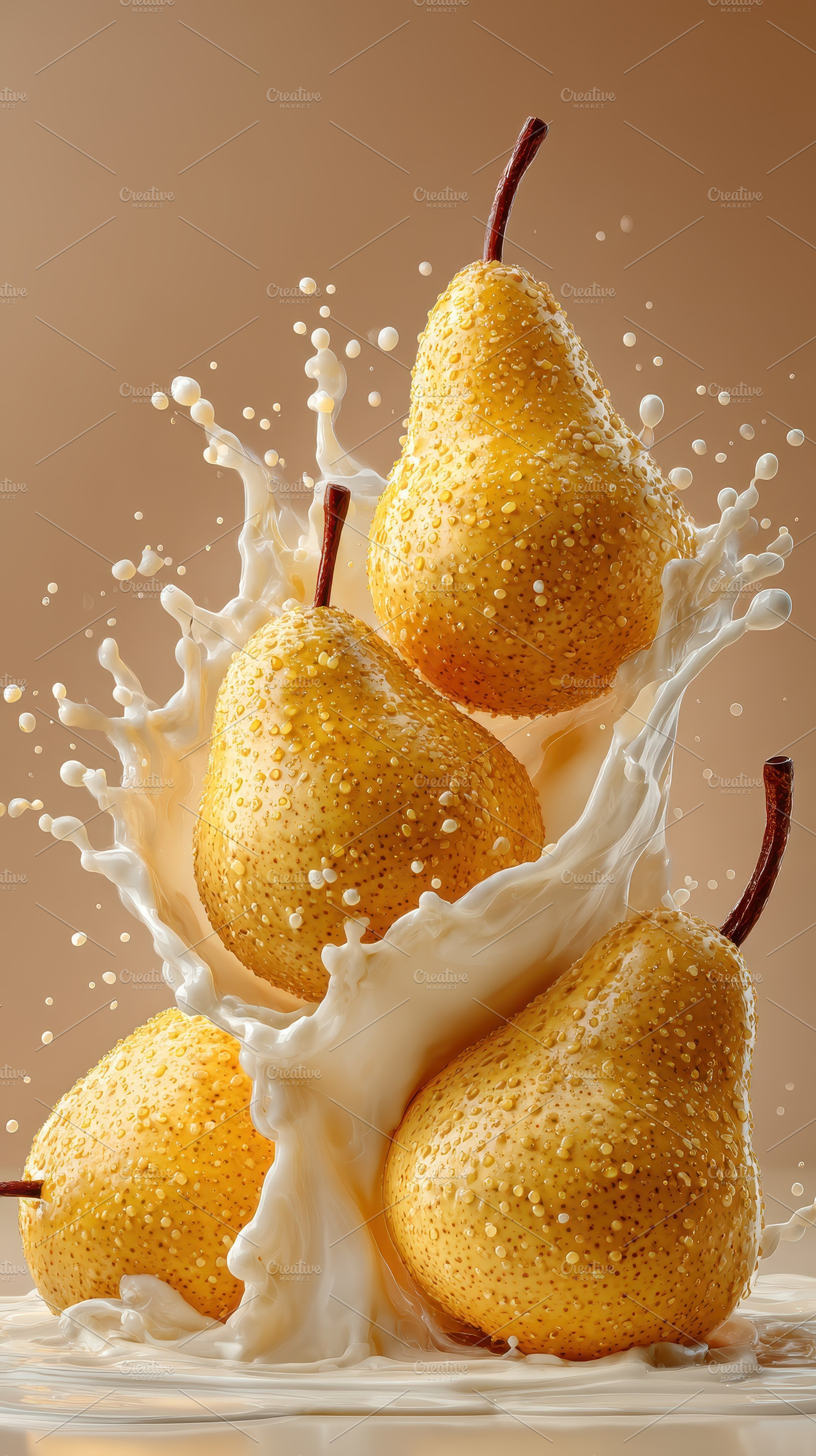 Juicy Pears Splashing in Creamy Milk, a Photo by Pixeness Studio