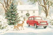 Country cottage winter scene with deer and vintage red car, deco, an Illustration by Anneleven (Thumbnail 2 of 2)