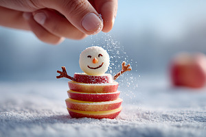 Building a tiny snowman with apple slices and sugar on a winter day outdoors, a Food & Drink Photo by AlyaAnd