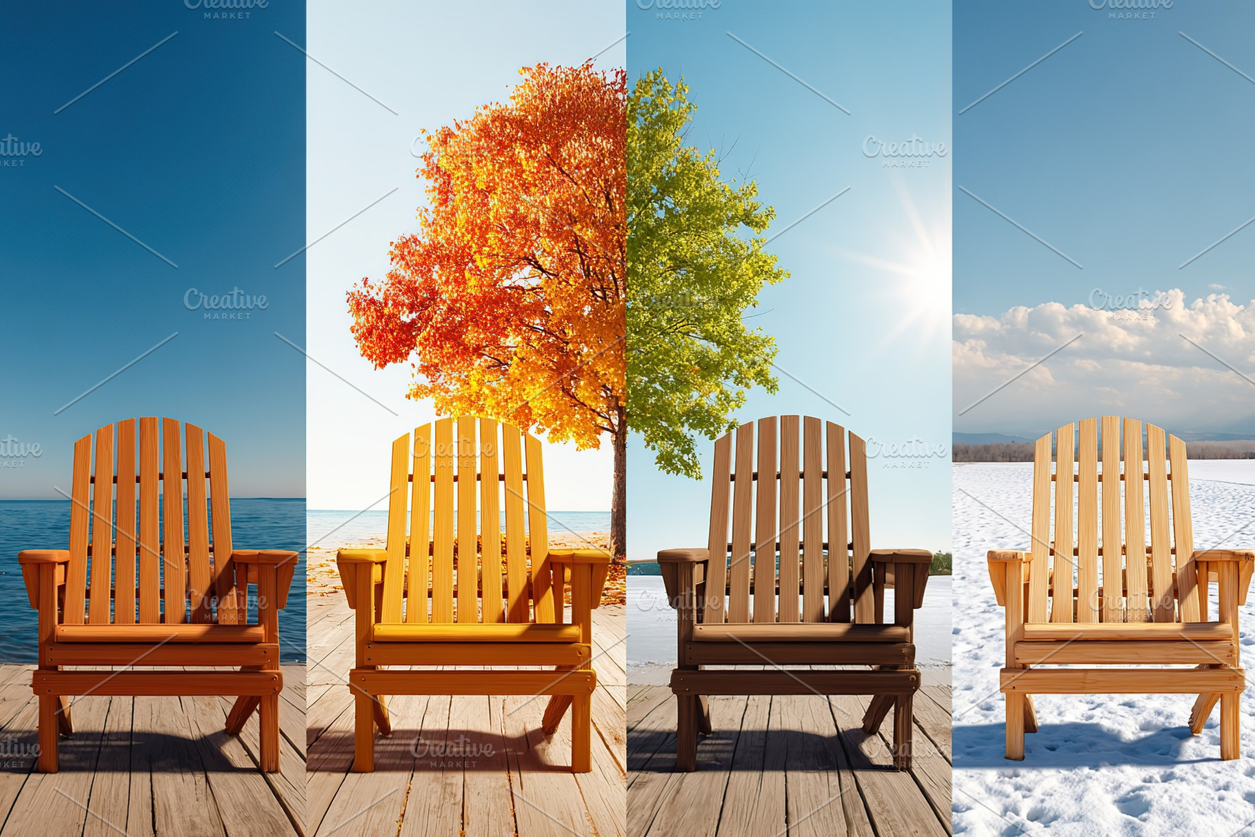 Four empty wooden chairs displaying changing seasons by a lakesi, a Beauty & Fashion Photo by AlyaAnd