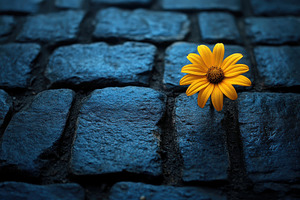 Solitary Yellow Flower on Blue Cobbl, a Background Photo by Pixeness Studio