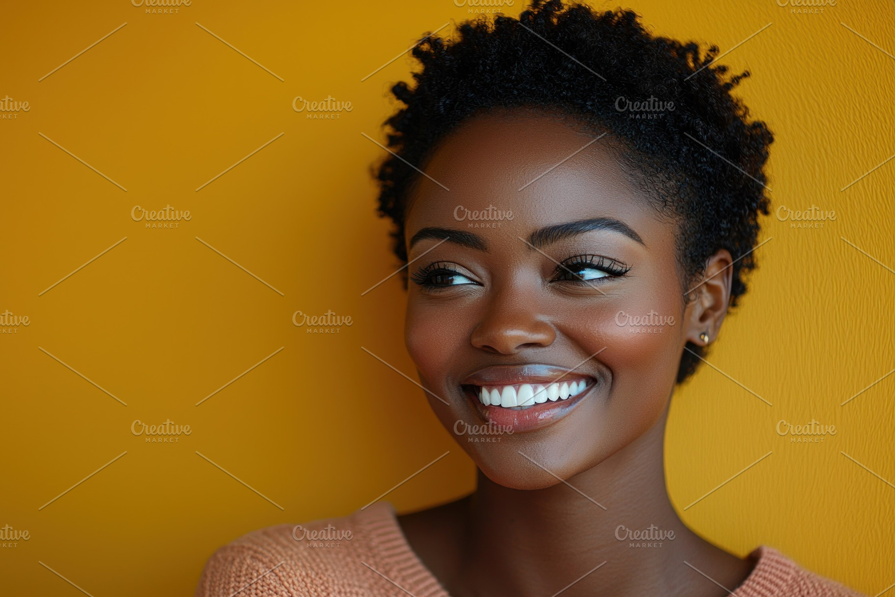 Smiling woman in pink sweater with curly hair and gold earrings against vibrant, a Person Photo by José Manuel Gelpi